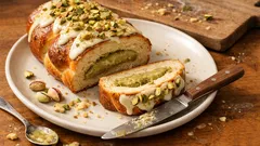 Τσουρέκι με φιστίκι Αιγίνης και λευκή γκανάζ: αφράτο, αρωματικό και γεμάτο