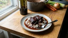 Μοσχαρίσια μάγουλα στην κατσαρόλα με κόκκινο κρασί και δεμένη σάλτσα