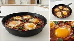 Saksuka στο τηγάνι: αυγά σε πικάντικη σάλτσα ντομάτας, έτοιμα σε 25′