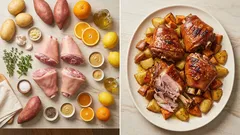 Χοιρινό κότσι στο φούρνο με πατάτες – μέλι, μουστάρδα και πορτοκάλι