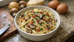 Καρμπονάρα με μανιτάρια και μπέικον: κρεμώδης χωρίς να κόψει το αυγό