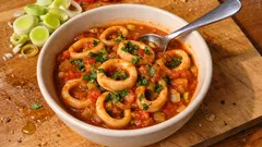 Καλαμαράκια κοκκινιστά στην κατσαρόλα: τρυφερά, με ντομάτα και πράσο