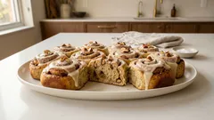 Ρολάκια φούρνου με βρώμη, μπανάνα και αμύγδαλα – με γλάσο κρέμας τυριού