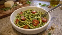 Zoodles με ντοματίνια και σπιτικό πέστο βασιλικού – έτοιμα σε 15 λεπτά