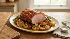 Γουρουνόπουλο στο φούρνο με τραγανή πέτσα και πατάτες που ψήνονται στους χυμούς του