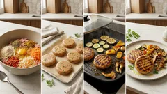 Ζουμερά μπιφτέκια κοτόπουλου με τριμμένα λαχανικά και ψητά συνοδευτικά (ιδανικά για meal prep)