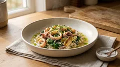 Καλαμαράκια με σπανάκι και ρύζι στην κατσαρόλα – λεμονάτα και «δεμένα»