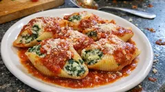 Κοχύλια γεμιστά με σπανάκι και τυριά στον φούρνο, σε σάλτσα ντομάτας