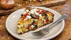 Ομελέτα φούρνου με λαχανικά και φέτα: αφράτη, κομμένη σε κομμάτια