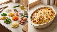 Ογκρατέν με ρύζι, λαχανικά και λουκάνικο – χρυσαφένια κρούστα σε 20 λεπτά