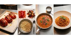 Μακαρονάδα με σαρδέλες σε ντομάτα και σάλτσα από ψητές κόκκινες πιπεριές