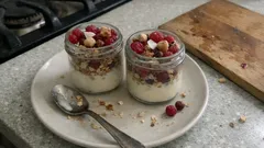 Ρομαντικό πρωινό σε βαζάκι με γκρανόλα, καρύδα και κόκκινα φρούτα