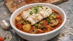 Μπακαλιάρος κατσαρόλας με πατάτες και μανιτάρια – ζουμερός σε σάλτσα ντομάτας