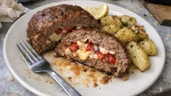 Ρολό κιμά γεμιστό με φέτα, κασέρι και πιπεριά Φλωρίνης – ζουμερό στον φούρνο