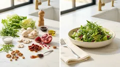 Πράσινη σαλάτα με μανιτάρια, ρόδι και καρύδια – βινεγκρέτ μπαλσάμικο-πετιμέζι