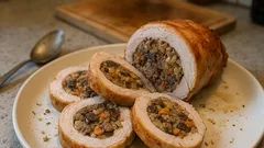 Χριστουγεννιάτικο ρολό κοτόπουλο με κάστανα και αποξηραμένα φρούτα – ζουμερό, βήμα-βήμα