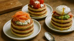 Αλμυρά pancakes για brunch: μία ζύμη, 3 σερβιρίσματα (σολομός, φέτα, ποσέ)