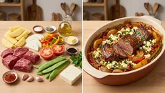 Μοσχάρι με λαχανικά και φέτα στη γάστρα: τρυφερό, μελωμένο και χωρίς άγχος