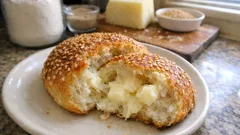 Παριανή φουσκωτή στο ταψί: αφράτη ζύμη με κεφαλοτύρι και σουσάμι