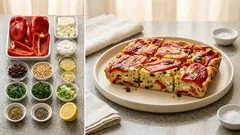 Πίτα χωρίς φύλλο με πιπεριές Φλωρίνης και φέτα – ζουμερή, αρωματική, στο ταψί