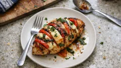 Κοτόπουλο Caprese στο Air Fryer: ζουμερό σε 20′ με μοτσαρέλα, ντομάτα και βασιλικό