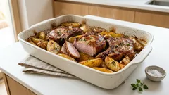 Χοιρινές μπριζόλες στο φούρνο με πατάτες λουκούμι – το κόλπο με το σωστό σκέπασμα