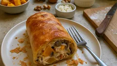 Τραγανό ρολό κολοκύθας με μανιτάρια και καρύδια σε χωριάτικο φύλλο