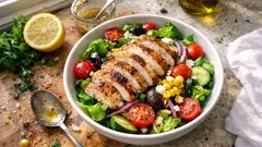 Μεσογειακή σαλάτα με ζουμερό κοτόπουλο και βινεγκρέτ μουστάρδας με μέλι