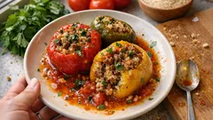 Πιπεριές γεμιστές με ρύζι και κιμά: μελωμένες στον φούρνο, όπως στο σπίτι