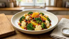 Σαλάτα μπρόκολου–κουνουπιδιού με βινεγκρέτ πορτοκαλιού, ρόδι και κολοκυθόσπορο