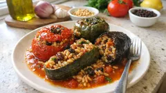 Γεμιστά ορφανά στο ταψί: μελωμένο ρύζι Καρολίνα, μυρωδικά, κουκουνάρι και σταφίδες